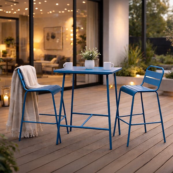 CONCEPT USINE - Ensemble table de bar et 2 chaises hautes d'extérieur bleu BERGAME - large