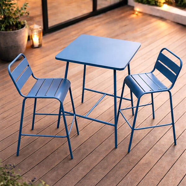 CONCEPT USINE - Ensemble table de bar et 2 chaises hautes d'extérieur bleu BERGAME - large