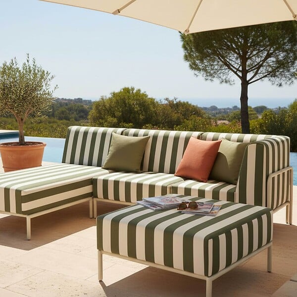 OVIALA - Salon de jardin bas modulable rayé 4 places vert kaki - Patio - large