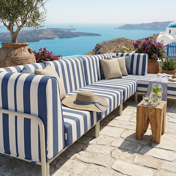 OVIALA - Salon de jardin bas modulable rayé 5 places bleu pacific - Patio - large