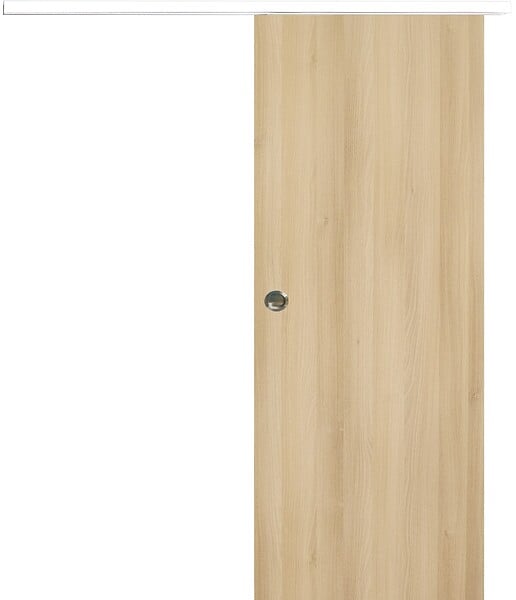 GD MENUISERIES - Porte Coulissante Décor Chêne Naturel Honey Oak  H204 x L83 cm, Rail alu Bandeau Blanc, Coquilles - large