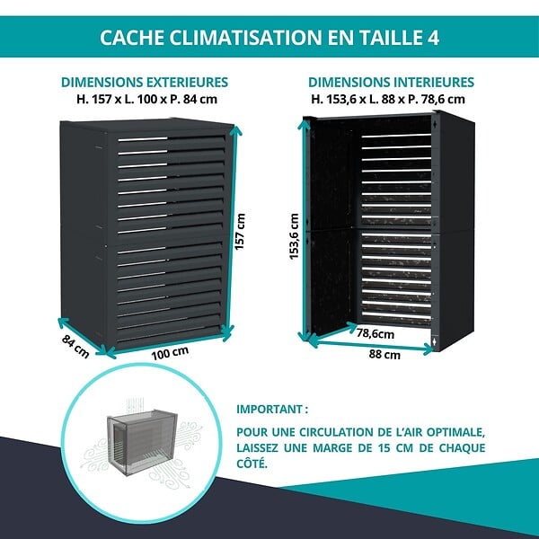 ATOLE - Cache climatiseur, acoustique ATOLE en Aluminium Thermolaqué - Taille 4 : H. 157 x L. 100 x P. 84 cm - Gris anthracite - large