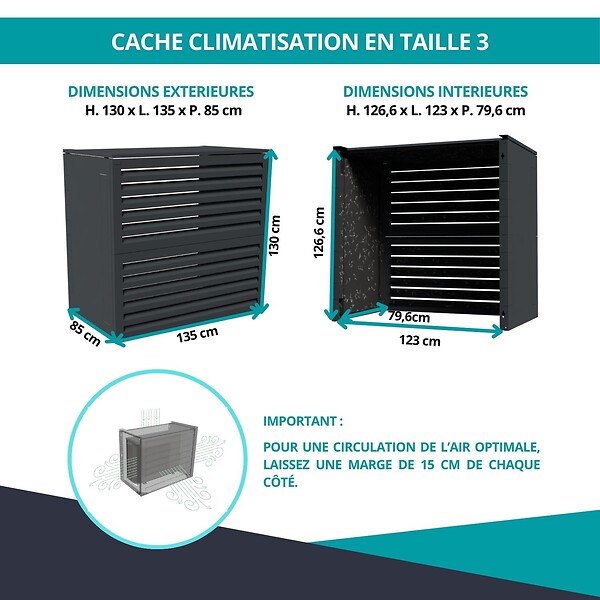 ATOLE - Cache climatiseur, acoustique ATOLE en Aluminium Thermolaqué - Taille 3 : H. 130 x L. 135 x P. 85 cm - Gris anthracite - large