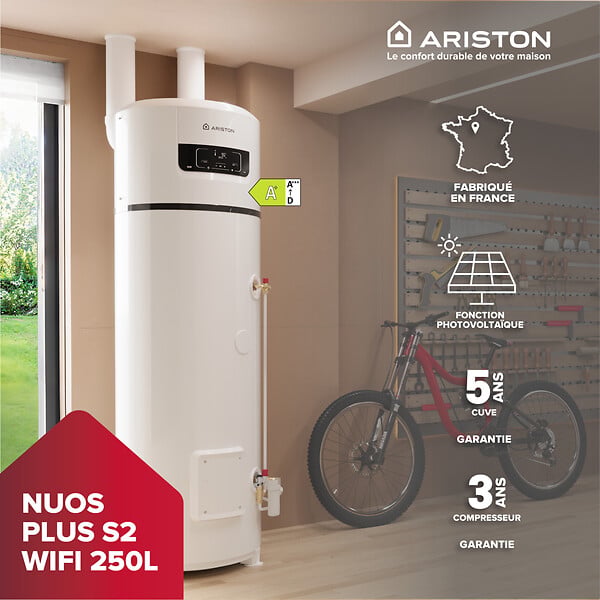 ARISTON - Ariston NUOS S2 PLUS WIFI 250L – Chauffe-eau Thermodynamique Gainable A+, R290, Cuve Titane, Made in France - large
