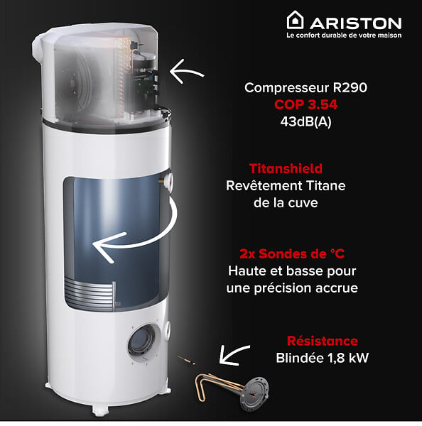 ARISTON - Ariston NUOS S2 PLUS WIFI 250L – Chauffe-eau Thermodynamique Gainable A+, R290, Cuve Titane, Made in France - large