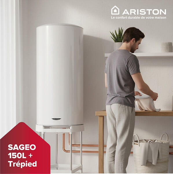 ARISTON - Pack Chauffe-eau Vertical Mural Stéatite 150L Ariston SAGEO + Trepied 4090027 + Groupe Sécurité Inox - large