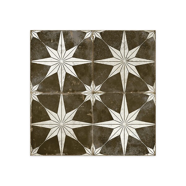 RO'MA NATURE - Carrelage Vintage effet Carreau ciment Etoile Blanche et Fond Noir 45x45x0,95 cm Sparta - Sol et mur intérieur (vendu par carton de 1 m²) - large