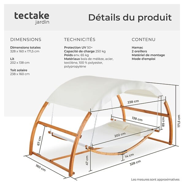TECTAKE - Hamac LOCARNO pour 2 personnes 328x160x171,5cm marron teck - large