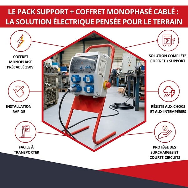 ATOLE - Coffret de Chantier précablé 16A Monophasé avec support en métal - 9 modules – Coffret Électrique, protection différentielle, arrêt d'urgence ATOLE - large