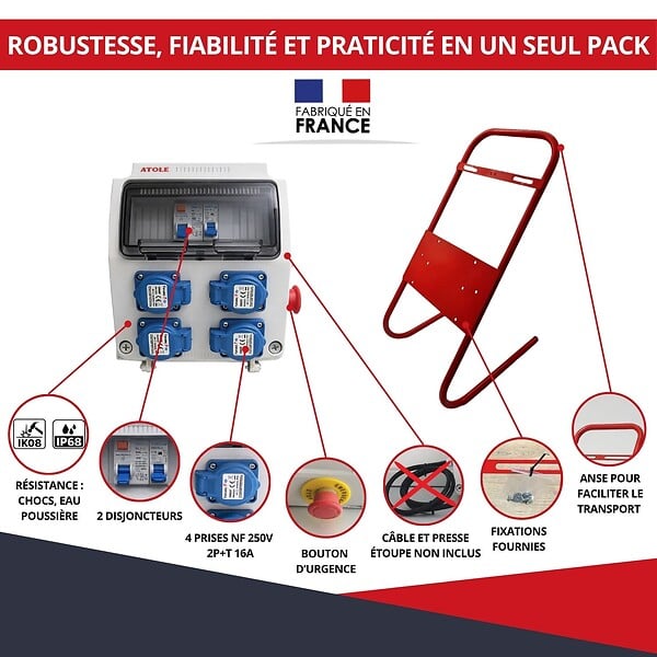 ATOLE - Coffret de Chantier 16A Monophasé avec support en métal - 9 modules – Coffret Électrique, protection différentielle, arrêt d'urgence ATOLE - large