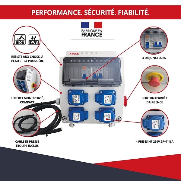 ATOLE - Coffret de Chantier Monophasé 250V ATOLE - 4 Prises NF 2P+T - 16A - 9 Modules - Coffret Électrique avec câble - large