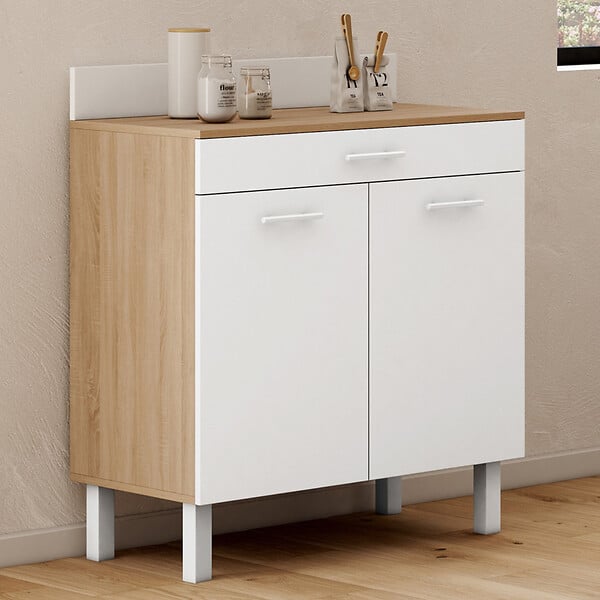 ID MARKET - Buffet bas de cuisine 80 cm CINA plan de travail H.83 cm 2 portes + tiroir façon hêtre et blanc - large