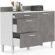 ID MARKET - Buffet bas casserolier de cuisine 120 cm CINA plan de travail H.83 cm 1 porte + 3 tiroirs blanc et effet béton - vignette