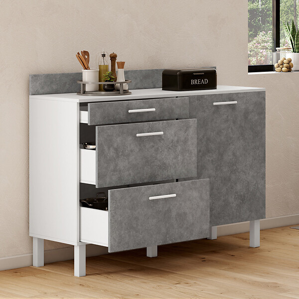 ID MARKET - Buffet bas casserolier de cuisine 120 cm CINA plan de travail H.83 cm 1 porte + 3 tiroirs blanc et effet béton - large