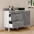 ID MARKET - Buffet bas casserolier de cuisine 120 cm CINA plan de travail H.83 cm 1 porte + 3 tiroirs blanc et effet béton - vignette