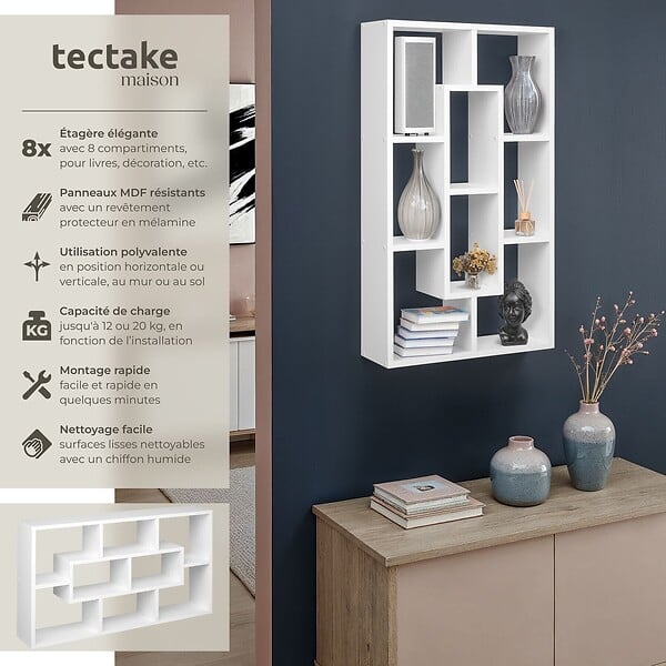TECTAKE - Étagère murale Kassandra avec 8 compartiments en Bois MDF blanc - large