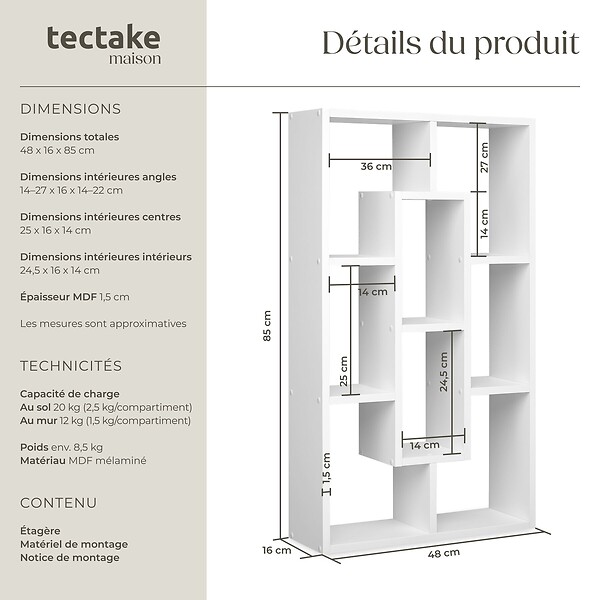 TECTAKE - Étagère murale Kassandra avec 8 compartiments en Bois MDF blanc - large