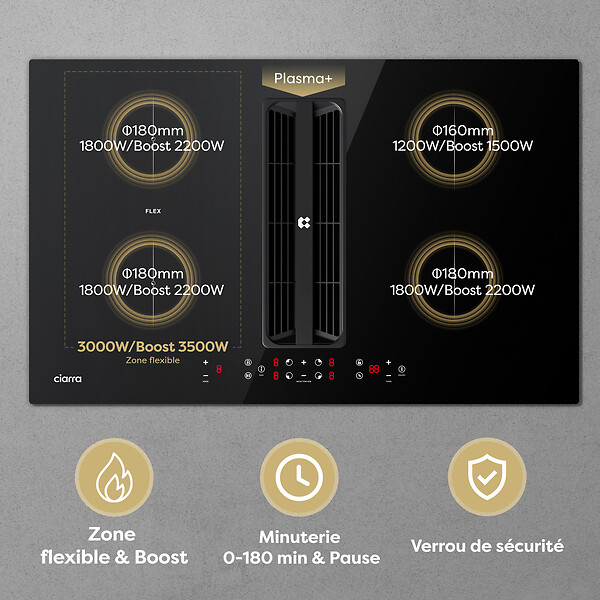 CIARRA - Plaque Induction avec Hotte Intégrée 83cm 500m3/h 7000W 4 Foyers Booster Recyclage Evacuation - large