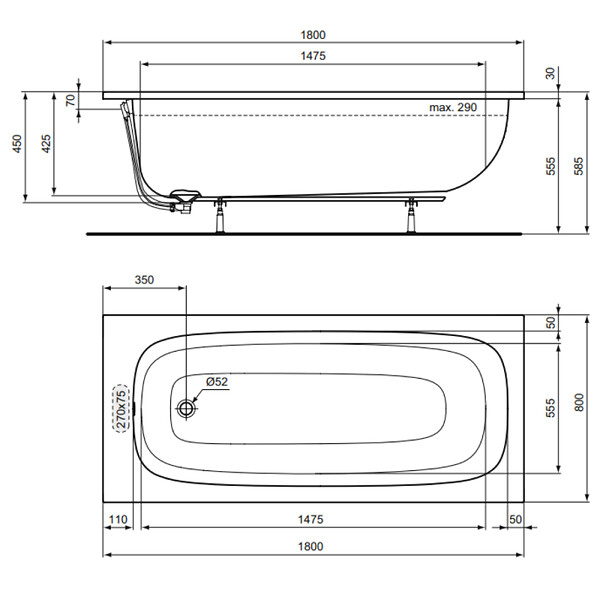 IDEAL STANDARD - Baignoire droite 180 x 80 i.Life - large