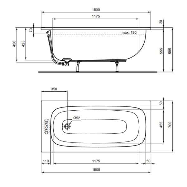IDEAL STANDARD - Baignoire droite 150 x 70 i.life - large