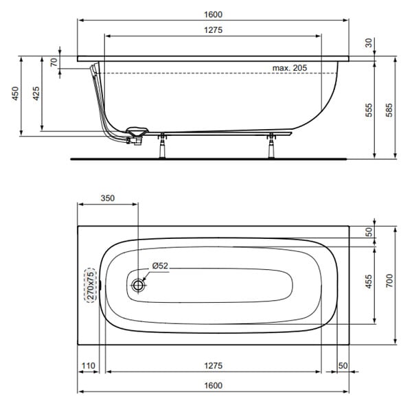 IDEAL STANDARD - Baignoire droite 160 x 70 i.life - large