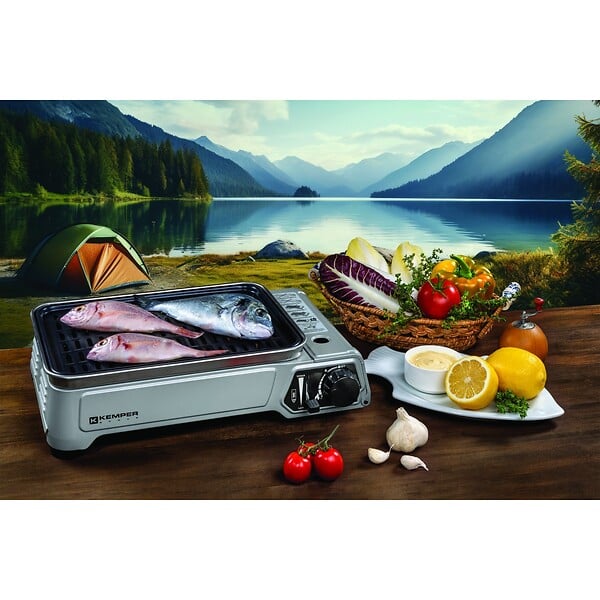 KEMPER - Barbecue à gaz portable 1900W Plaque anti adhesive amovible Camping + Mallette de transport KEMPER - large