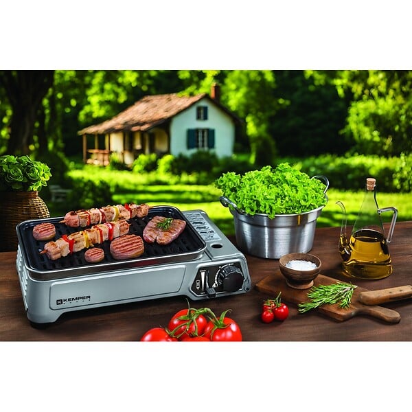 KEMPER - Barbecue à gaz portable 1900W Grille anti adhesive + 4 cartouches gaz Camping + Mallette de transport Cuisson nomade KEMPER - large