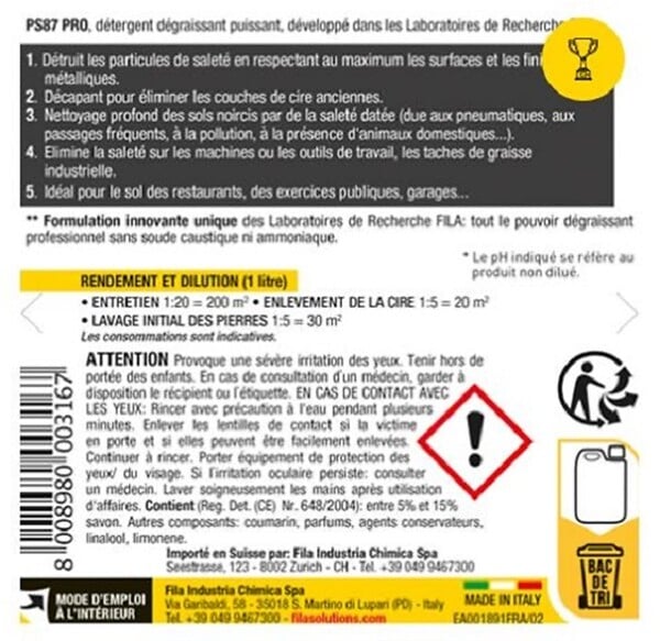 FILA - Nettoyant doux efficace professionnelle nettoyeur et dégraisseur pour sols très sales en grès cérame, pierre naturelle et ciment. Bidon de 1L - large