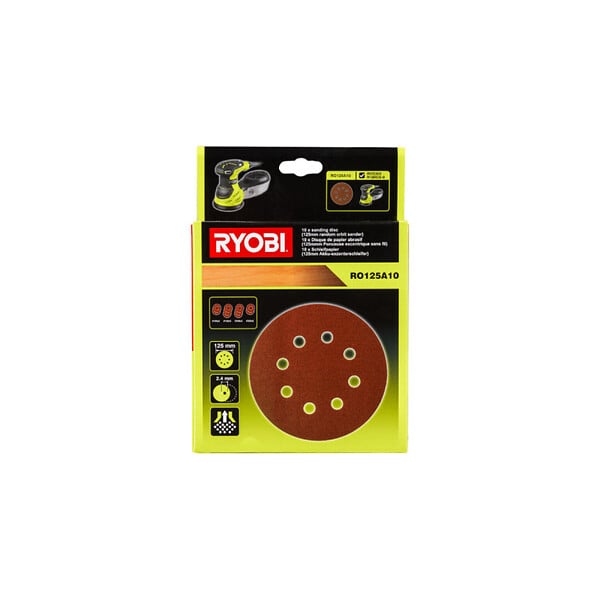 RYOBI - Pack RYOBI Ponceuse excentrique électrique ROS300A - 300W - sac de transport - 10 Disques abrasifs - 125mm - Grain 100, 120, 240, 320 - large