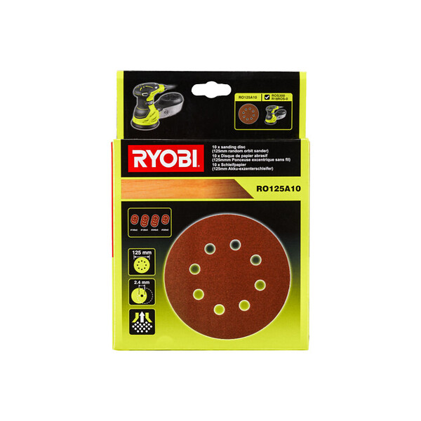 RYOBI - Pack RYOBI - Ponceuse excentrique RROS18-0 - 18V One+ - Sans batterie ni chargeur - 10 Disques abrasifs - 125mm - Grain 100, 120, 240, 320 - large