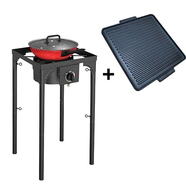 INTEC - Réchaud à Gaz 1 feu Barbecue grill 4,5kW 2en1 Bruleur fonte + Plaque Grill Fonte 40×40cm 3 hauteurs modulables Piezo INTEC - large