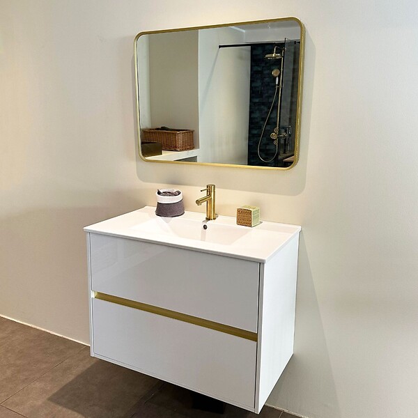 ESSEBAGNO - Musea meuble avec simple lavabo blanc et or brossé - large