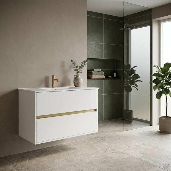 ESSEBAGNO - Musea meuble avec simple lavabo blanc et or brossé - large