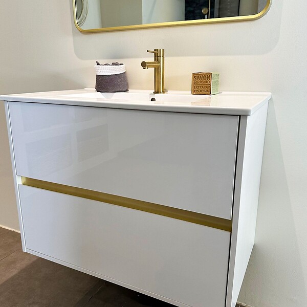 ESSEBAGNO - Musea meuble avec simple lavabo blanc et or brossé - large
