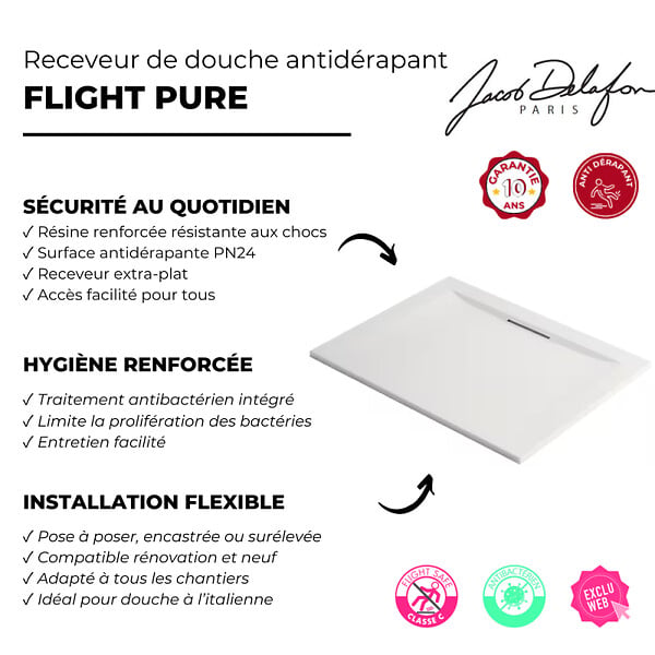 JACOB DELAFON - Receveur de douche antidérapant 90 x 90 Flight Pure carré blanc - large