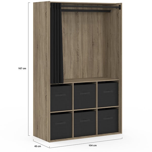 ID MARKET - Dressing penderie DIANE 104 x 50 x 172 cm hêtre avec 6 boites de rangement + rideau noir - large