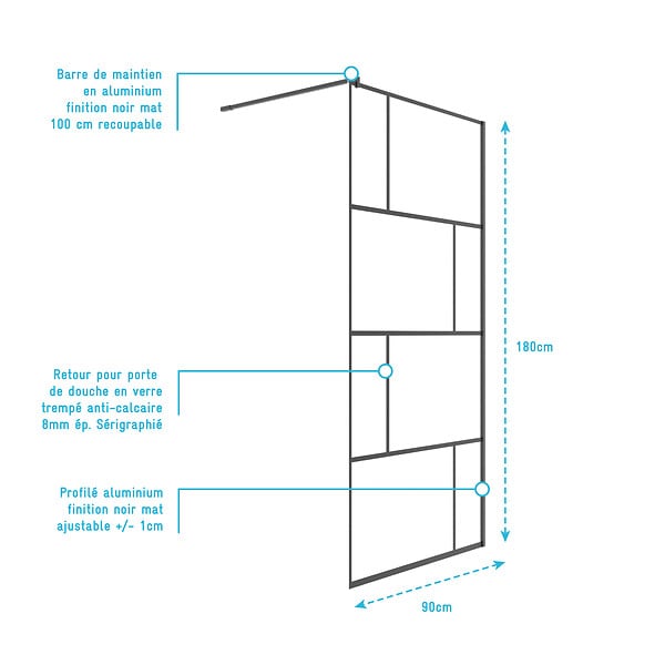 AURLANE - Paroi de Retour 90x180cm Sérigraphie Briques - Verre Anticalcaire 8mm - DARK BLOCS - large