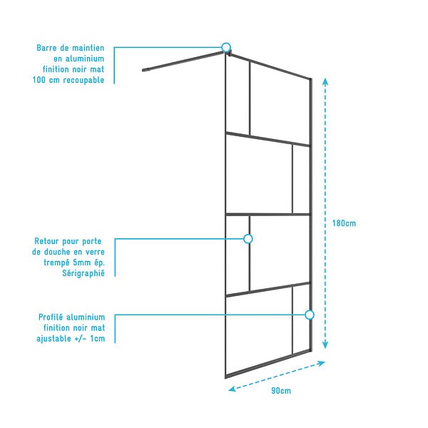 AURLANE - Paroi de retour Sérigraphie Briques 90x180 cm pour Porte de Douche DARK BLOCKS - Profilé Noir Mat - large