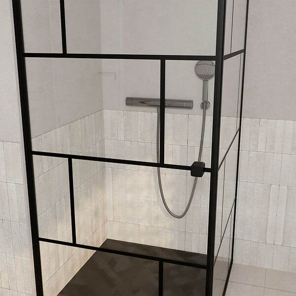 AURLANE - Paroi de retour Sérigraphie Briques 90x180 cm pour Porte de Douche DARK BLOCKS - Profilé Noir Mat - large