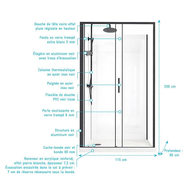 AURLANE - Cabine de Douche Rectangle 115x90 - Colonne Thermostatique Noire et Receveur Bas Effet Pierre - large