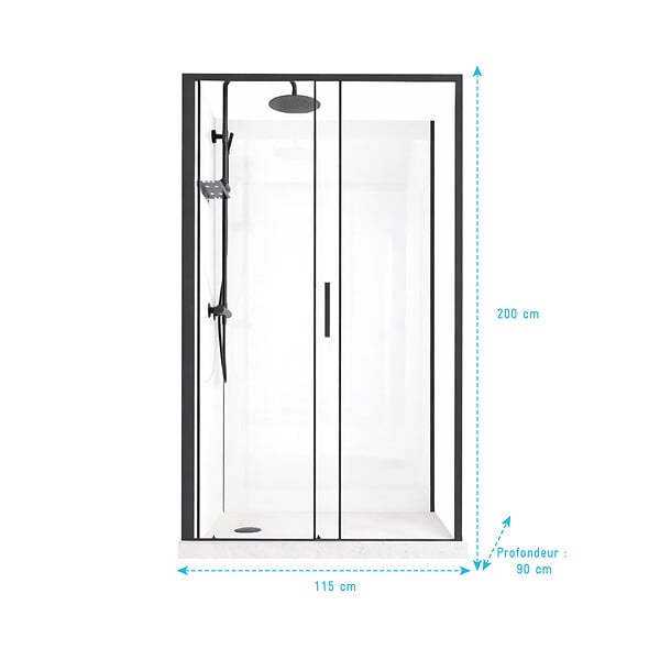 AURLANE - Cabine de Douche Rectangle 115x90 - Colonne Thermostatique Noire et Receveur Bas Effet Pierre - large