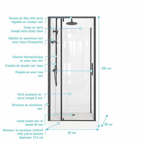 AURLANE - Cabine de Douche Carrée 90x90 - Colonne Thermostatique Noire et Receveur Haut Effet Pierre - large