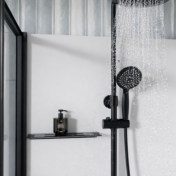 AURLANE - Cabine de Douche Rectangle 115x90 - Colonne Thermostatique Noire et Receveur Haut Effet Pierre - large