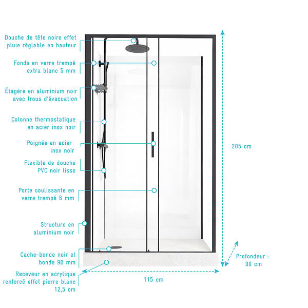 AURLANE - Cabine de Douche Rectangle 115x90 - Colonne Thermostatique Noire et Receveur Haut Effet Pierre - large