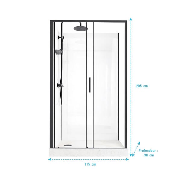 AURLANE - Cabine de Douche Rectangle 115x90 - Colonne Thermostatique Noire et Receveur Haut Effet Pierre - large