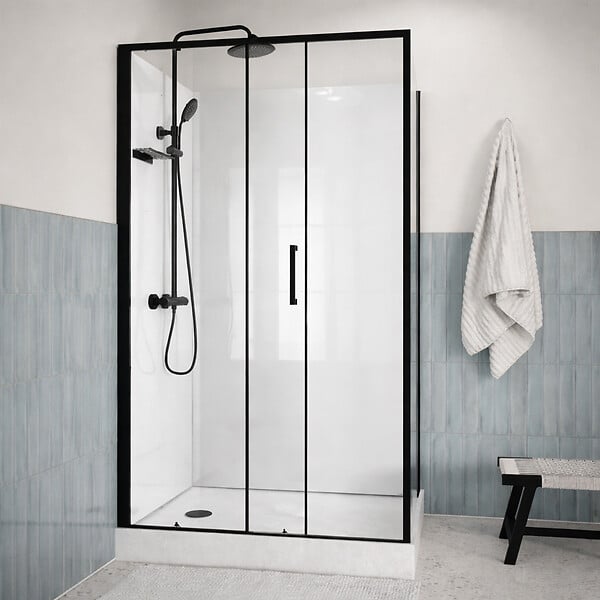 AURLANE - Cabine de Douche Rectangle 115x90 - Colonne Thermostatique Noire et Receveur Haut Effet Pierre - large