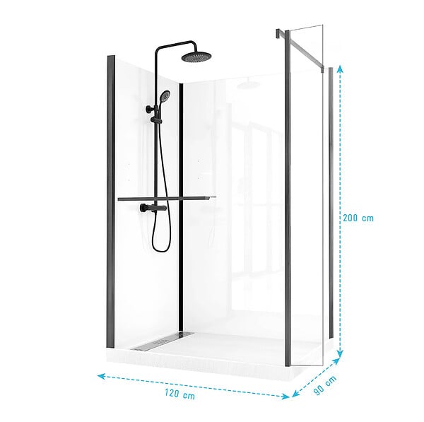 AURLANE - Cabine de Douche à l'Italienne 120x90 - Colonne Thermostatique Noire et Receveur Bas Effet Pierre - large
