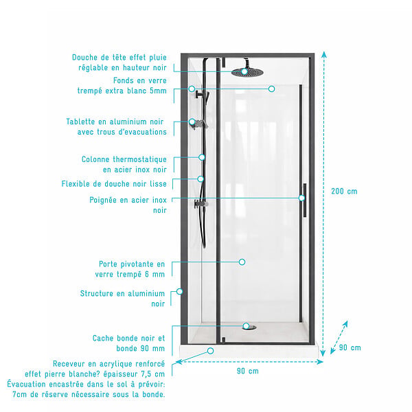 AURLANE - Cabine de Douche Carrée 90x90 - Colonne Thermostatique Noire et Receveur Bas Effet Pierre - large