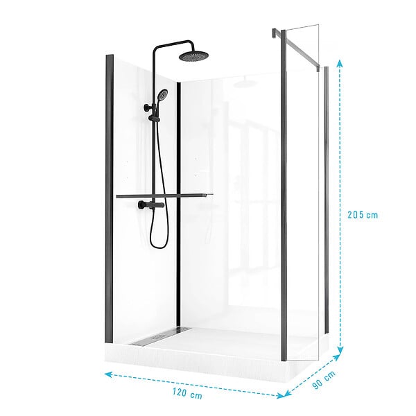 AURLANE - Cabine de Douche à l'Italienne 120x90 - Colonne Thermostatique Noire et Receveur Haut Effet Pierre - large