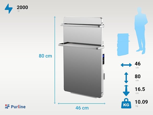 PURLINE - Sèche-serviettes verre trempé miroir display LED 2000W - large